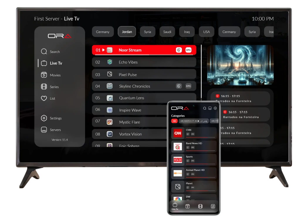 Interface do ORA IPTV Player em uma TV e um celular
